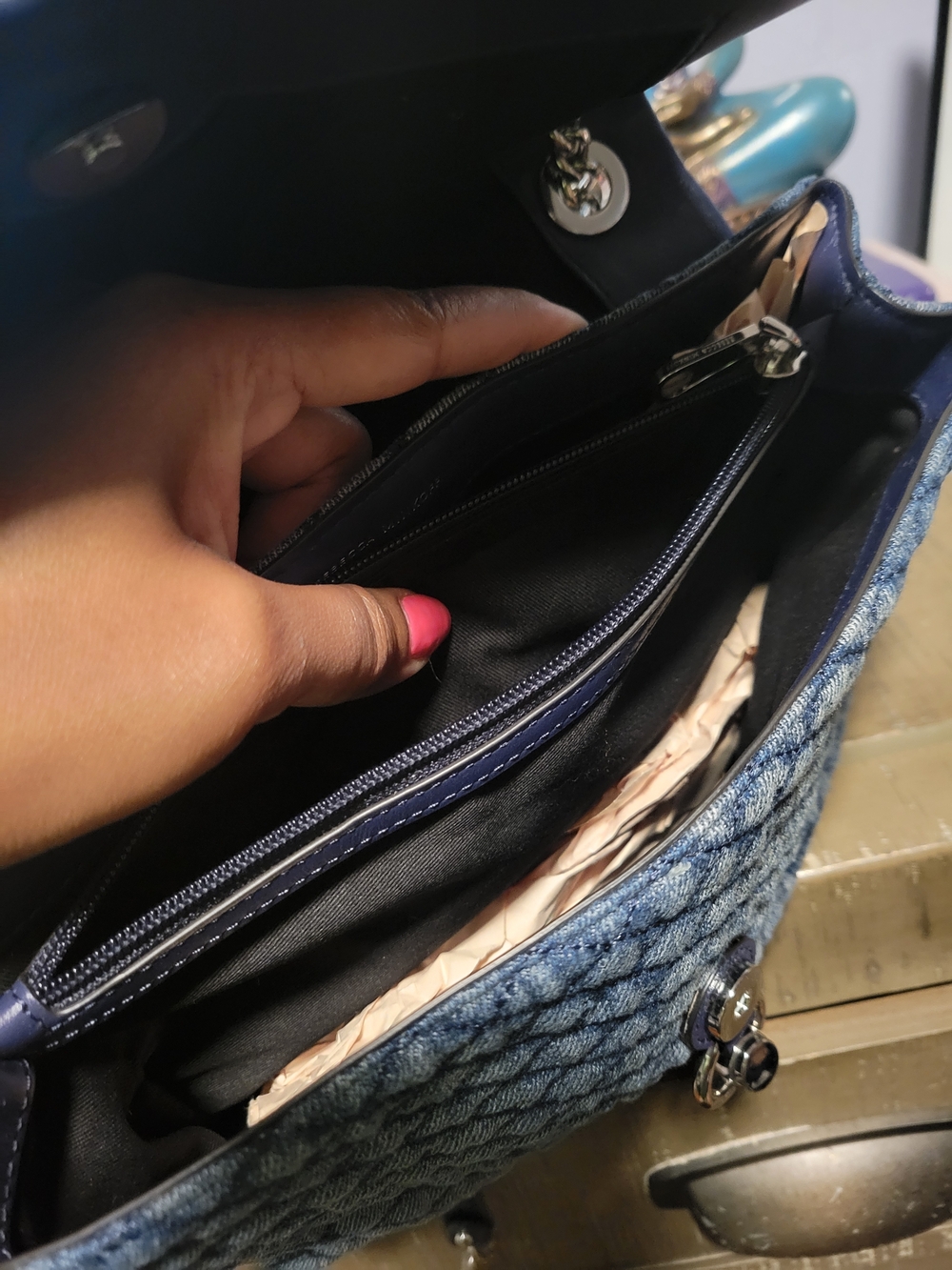 Rebecca Minkoff Quilted Denim Shoulder Bag with Silver Chain - Picture 5 of 5